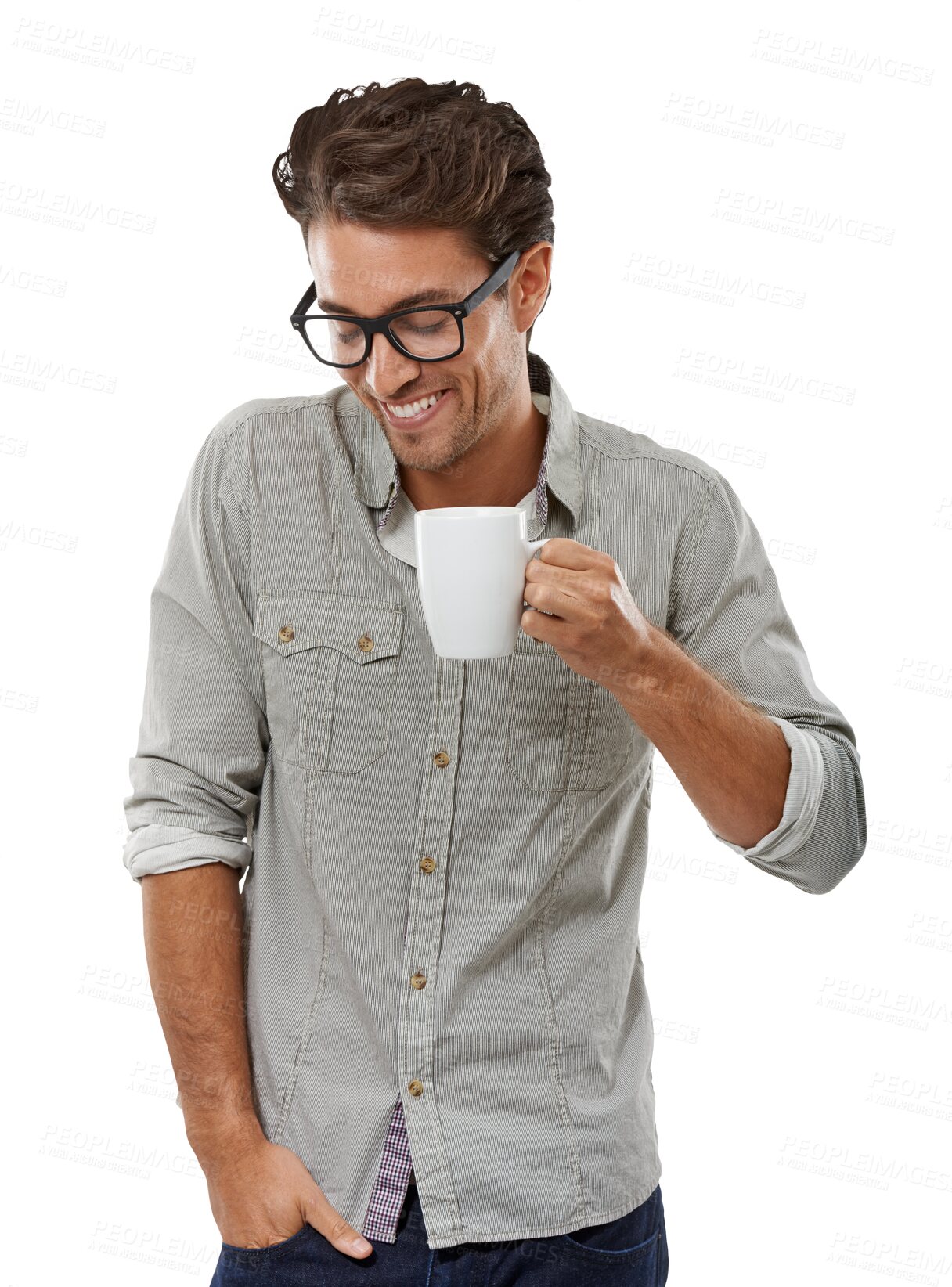 Buy stock photo Man, happy and cup of coffee for work break, creative consultant and espresso drink for calm morning. Model, tea and smile with relax wellness on weekend or isolated on transparent png background