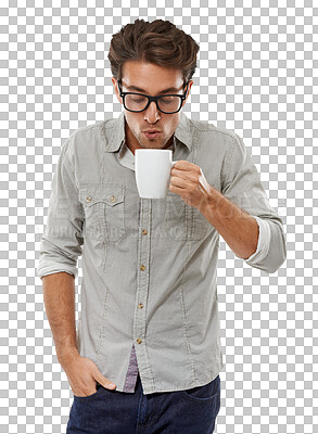 Buy stock photo Man, blowing and hot cup of coffee on work break, creative consultant and drink for calm morning. Model, glasses and warm tea with relax wellness on weekend or isolated on transparent png background