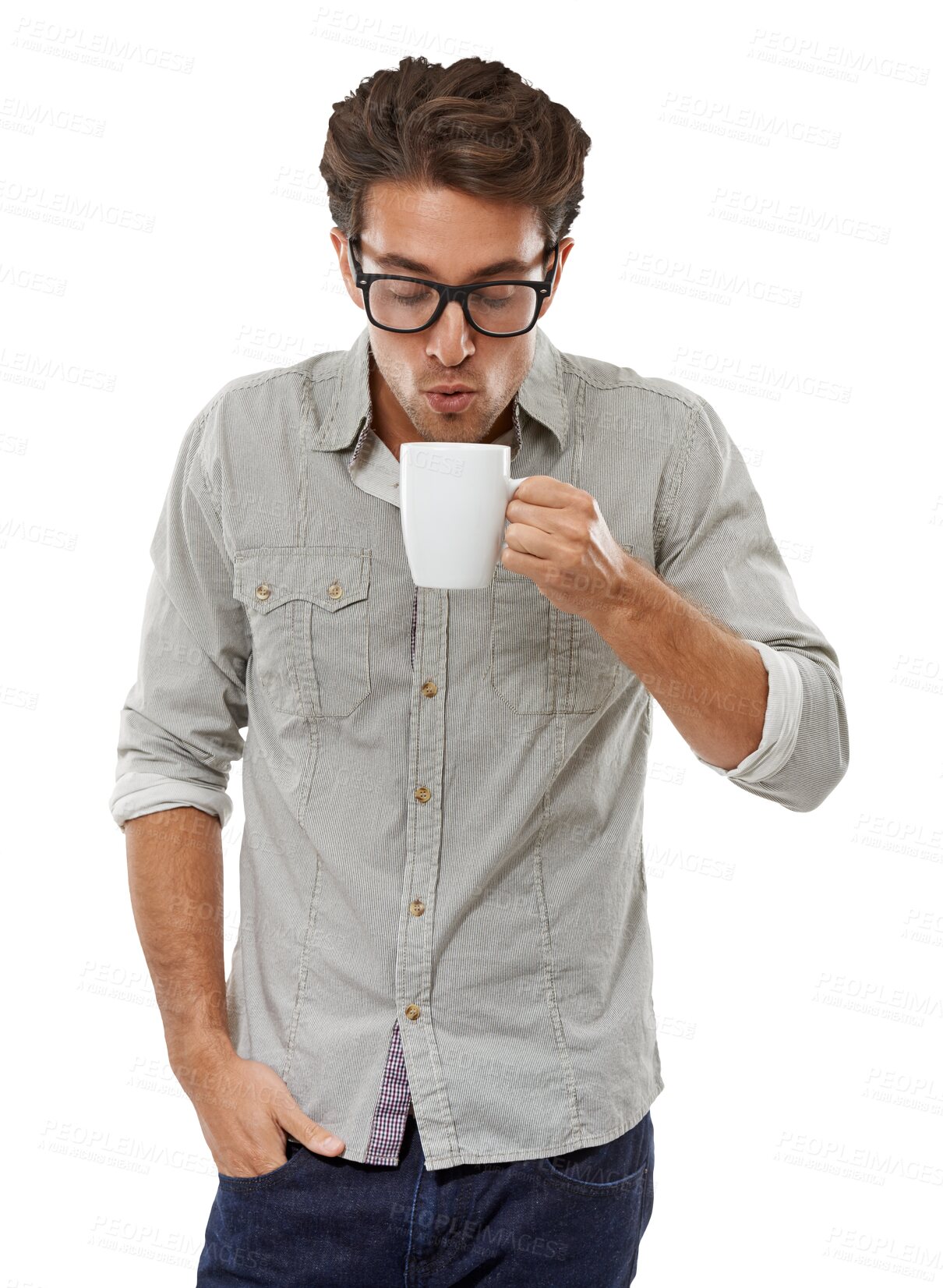 Buy stock photo Man, blowing and hot cup of coffee on work break, creative consultant and drink for calm morning. Model, glasses and warm tea with relax wellness on weekend or isolated on transparent png background