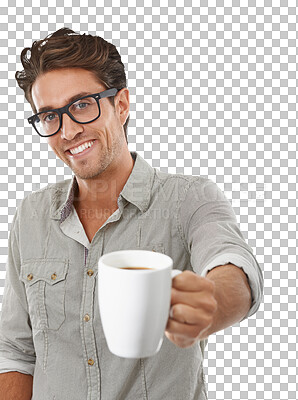 Buy stock photo Man, happy and portrait to offer coffee cup, creative consultant and cheers drink for calm morning. Model, face and smile in relax wellness on weekend and isolated on transparent png background