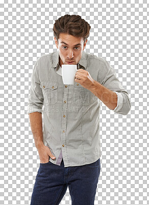 Buy stock photo Happy, aroma and man with coffee, relax and happiness isolated on transparent background. Person, guy and model with espresso, peaceful or calm with tea, cappuccino or png with joy, smelling or smile