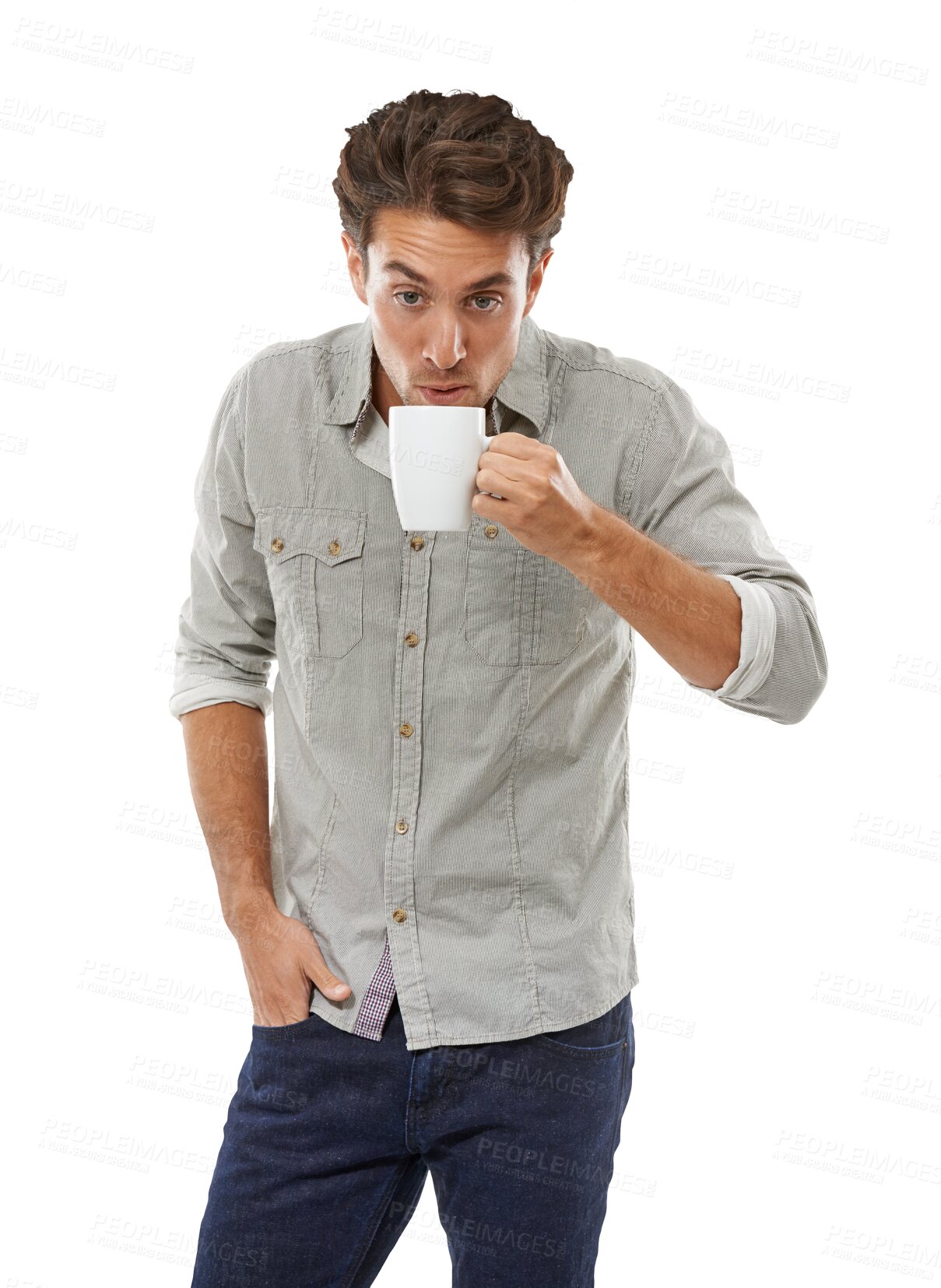 Buy stock photo Happy, aroma and man with coffee, relax and happiness isolated on transparent background. Person, guy and model with espresso, peaceful or calm with tea, cappuccino or png with joy, smelling or smile