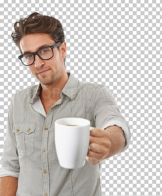 Buy stock photo Man, positive and portrait to share a coffee, kind person and offer drink for wellness in morning. Guy, face and glasses with social for relax on weekend and isolated on transparent png background