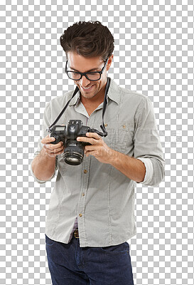 Buy stock photo Man, photography and smile for camera work and creative professional, shooting or isolated on transparent png background. Male person, digital equipment and skill practice, artistic or lens hobby