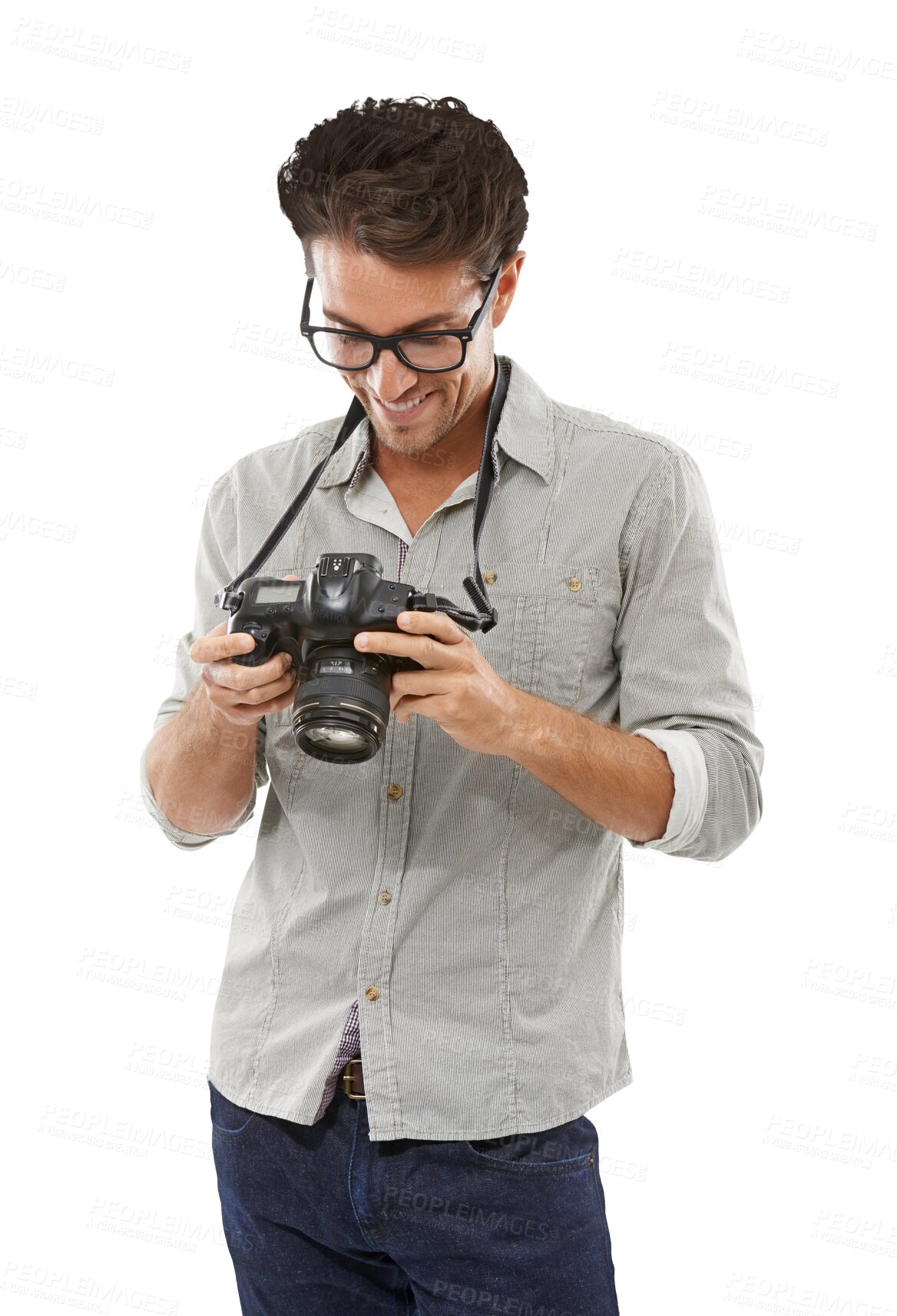 Buy stock photo Man, photography and smile for camera work and creative professional, shooting or isolated on transparent png background. Male person, digital equipment and skill practice, artistic or lens hobby