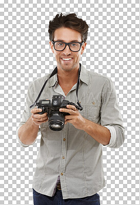 Buy stock photo Man, portrait and camera as creative photographer for professional skill practice, lens hobby or isolated on transparent png background. Male person, face and digital equipment for press or paparazzi