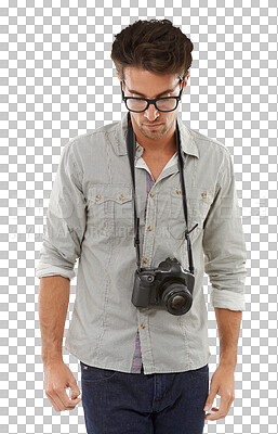 Buy stock photo Fashion, photography and camera with a young man isolated on a transparent background as a creative. Media, production and art with a young photographer on PNG for a magazine photoshoot or session