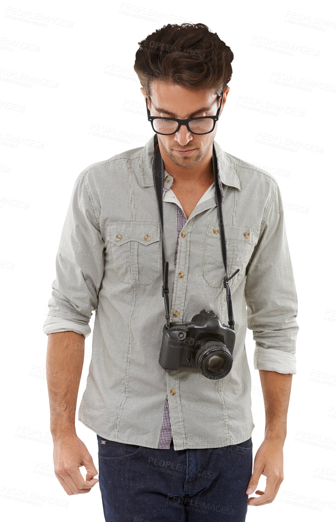 Buy stock photo Fashion, photography and camera with a young man isolated on a transparent background as a creative. Media, production and art with a young photographer on PNG for a magazine photoshoot or session