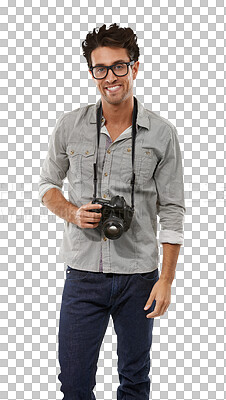 Buy stock photo Man, portrait and camera as career photographer for professional skill practice, lens hobby or isolated on transparent png background. Male person, face and digital equipment, press or media industry