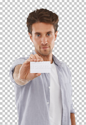 Buy stock photo Man, template and portrait or business card, paper and mockup or isolated on transparent png background. Male person, face and contact information or advertising, promotion and about us or poster