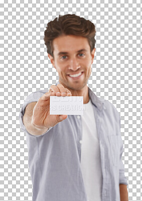 Buy stock photo Man, template and portrait or business card, smile and mockup or isolated on transparent png background. Male person, face and contact information or advertising, promotion and about us or poster