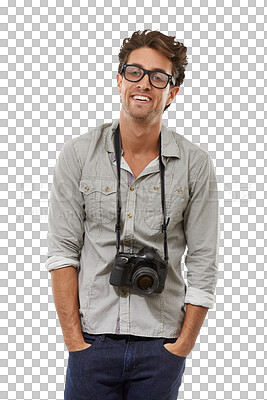 Buy stock photo Man, camera and portrait for creative photographer capture art, media equipment or isolated on transparent png background. Male person, face and technology gadget for pictures, professional or hobby