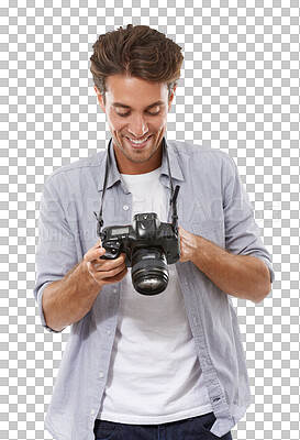 Buy stock photo Man, camera and creative photographer smile, media picture equipment capture or isolated on transparent png background. Male person, face and digital lens gadget for pictures, professional or hobby