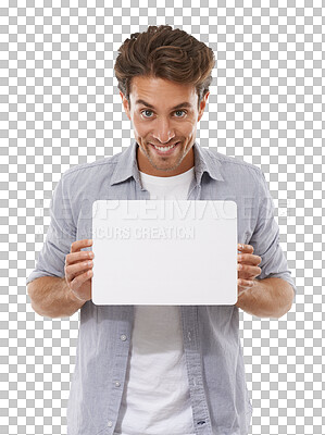 Buy stock photo Man, smile and portrait or promotion, poster and mockup or isolated on transparent png background. Male person, face and billboard or advertising, board and announcement on signboard, logo and paper