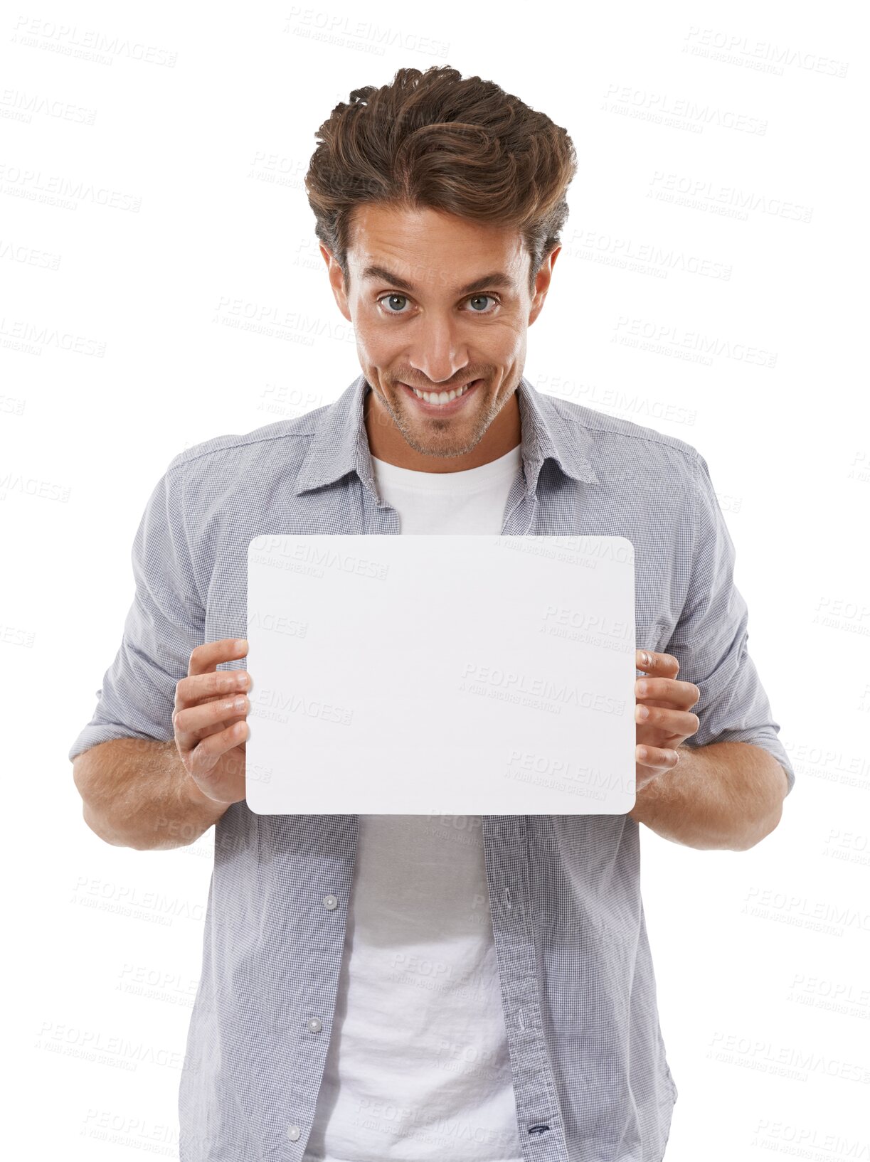 Buy stock photo Man, smile and portrait or promotion, poster and mockup or isolated on transparent png background. Male person, face and billboard or advertising, board and announcement on signboard, logo and paper