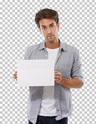 Buy stock photo Man, poster and marketing or promotion, portrait and mockup or isolated on transparent png background. Male person, information and billboard or advertising, board and announcement on signboard