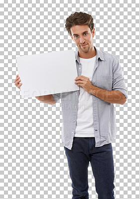 Buy stock photo Man, poster and portrait or promotion, card and mockup or isolated on transparent png background. Male person, show and billboard or advertising, board and announcement on signboard, info and paper