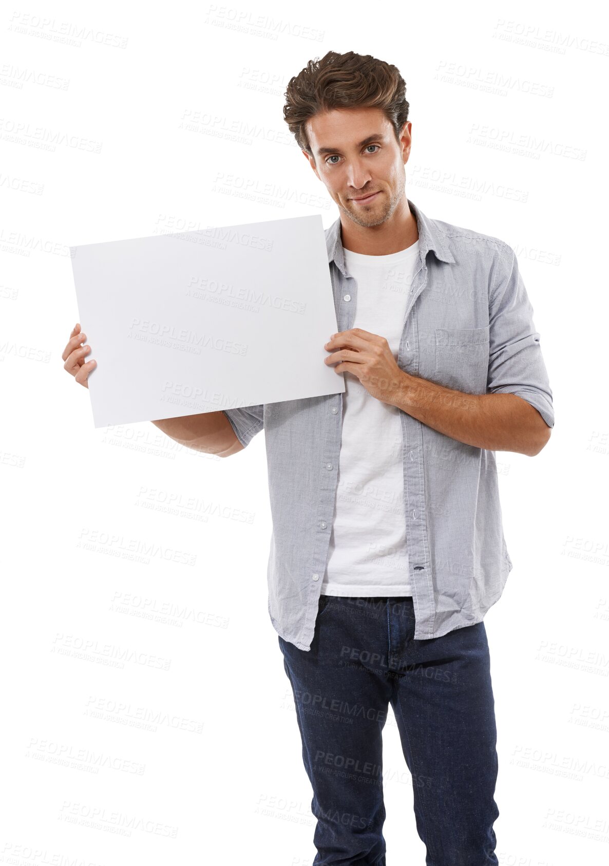 Buy stock photo Man, poster and portrait or promotion, card and mockup or isolated on transparent png background. Male person, show and billboard or advertising, board and announcement on signboard, info and paper