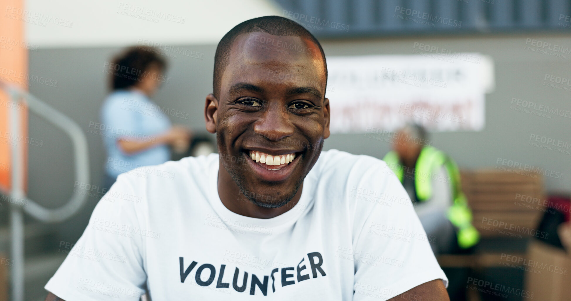 Buy stock photo Man, volunteer and smile in portrait, charity and outreach program for society in outdoors. Happy black person, nonprofit and support in social responsibility, NGO foundation and community service