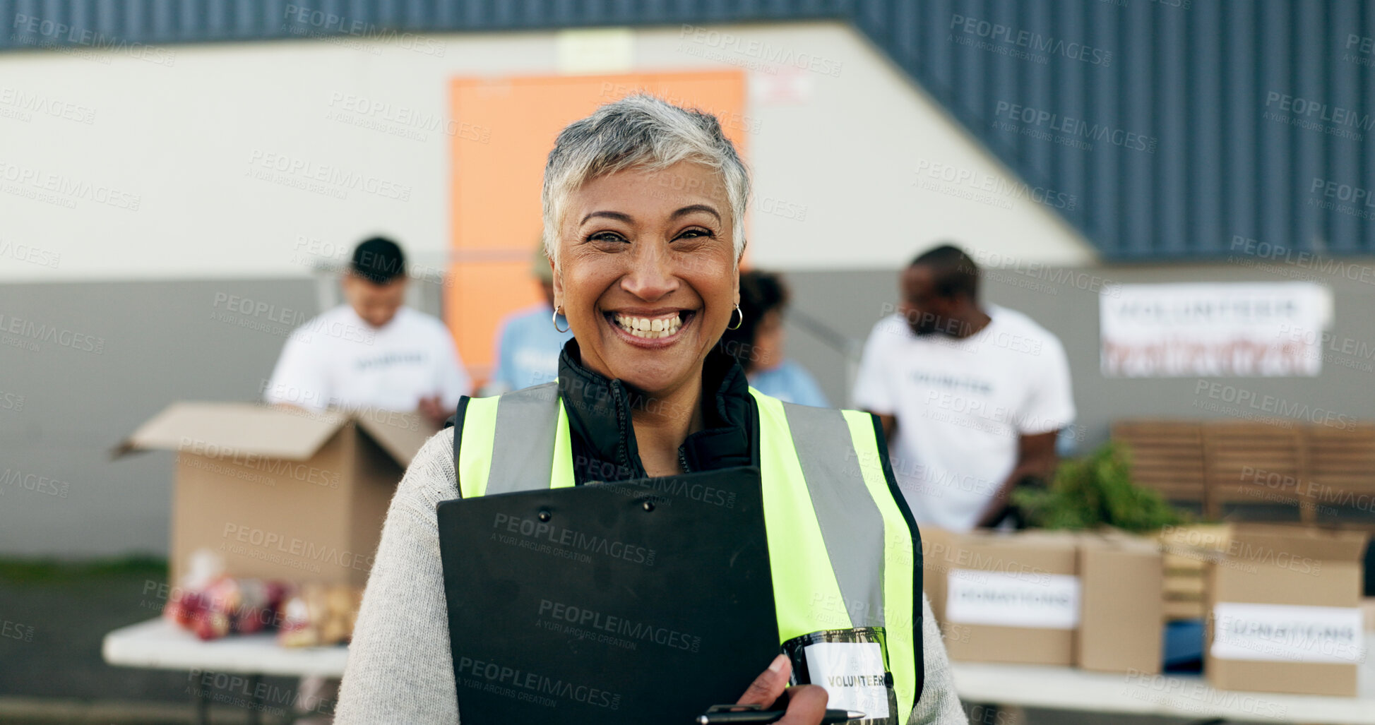 Buy stock photo Woman, clipboard and manager in charity, volunteer and organizer for outreach program, smile and portrait. Happy senior person, non profit and support in social responsibility for NGO foundation