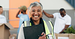 Woman, clipboard and donation for charity, volunteer and organizer for outreach program, smile and portrait. Happy senior person, non profit and support in social responsibility for NGO foundation