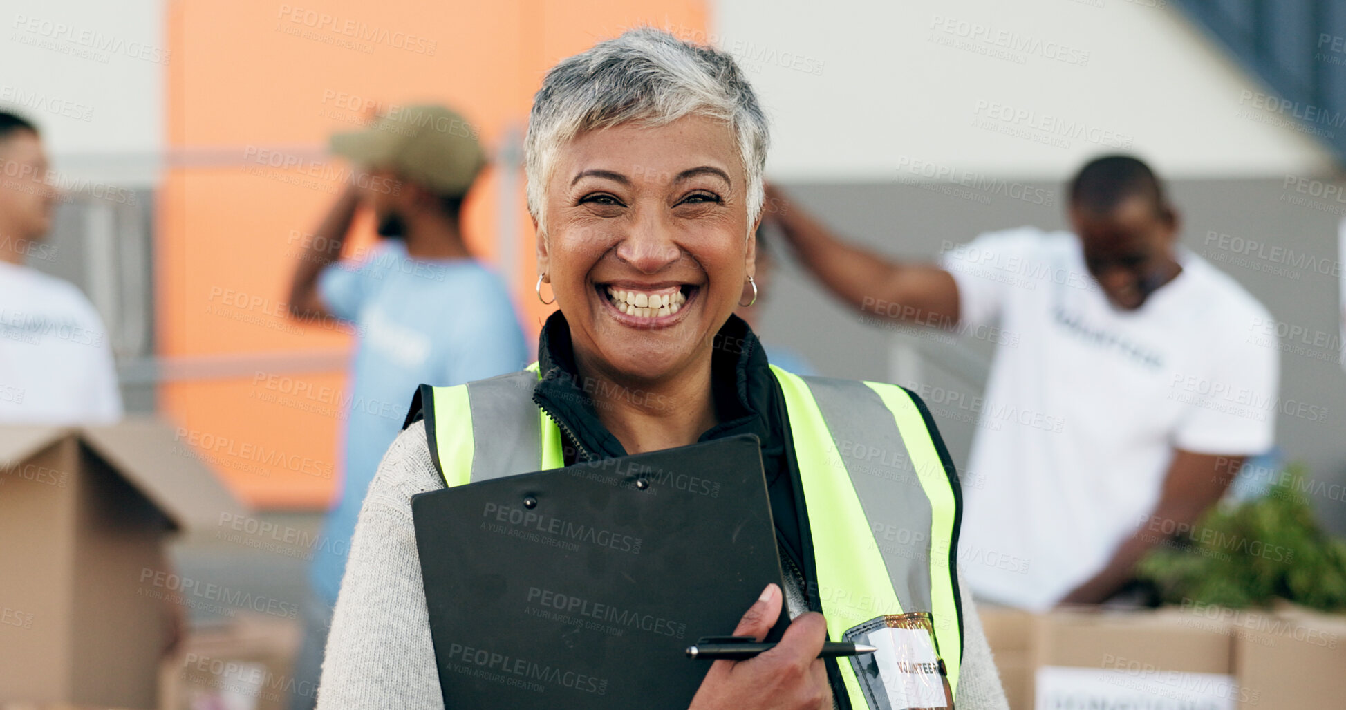 Buy stock photo Woman, clipboard and donation for charity, volunteer and organizer for outreach program, smile and portrait. Happy senior person, non profit and support in social responsibility for NGO foundation