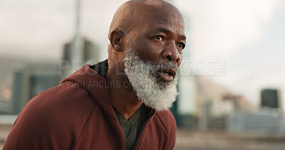 Buy stock photo Breathing, break and tired senior man in city for fitness training, cardio or intense run. Sports, fatigue or elderly male runner stop to breathe after running, exercise or sweating after workout