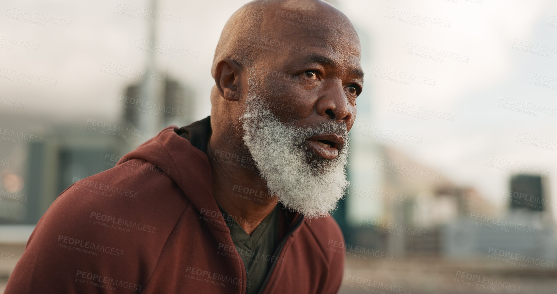 Buy stock photo Breathing, break and tired senior man in city for fitness training, cardio or intense run. Sports, fatigue or elderly male runner stop to breathe after running, exercise or sweating after workout