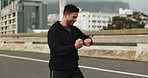 City, runner and man with a smart watch, exercise and fitness with celebration, progress and wellness. Person, guy and athlete with a challenge, training and achievement with digital app and workout