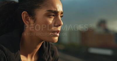 Buy stock photo Woman, breathe and exhausted from exercise, run and fitness in outdoors, tired and fatigue. Female person, training and workout in city, cardio and mental health for challenge, performance and rest