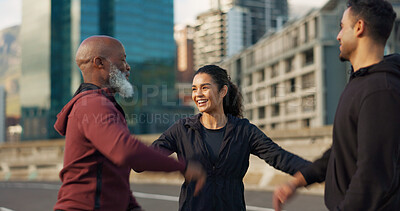 Buy stock photo Runner group, friends and city with talking on road, progress and support for fitness, health and wellness. Men, woman and motivation on metro street for workout, training and exercise in Cape Town