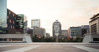 Buy stock photo Sky, building and commercial architecture in the morning outdoor in a business district during the day. Infrastructure, office and skyscraper on a street for corporate development in an urban town