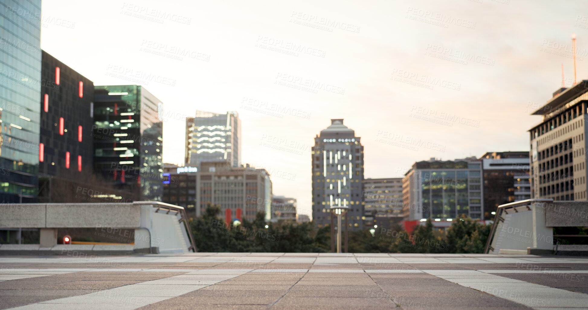 Buy stock photo Sky, building and commercial architecture in the morning outdoor in a business district during the day. Infrastructure, office and skyscraper on a street for corporate development in an urban town