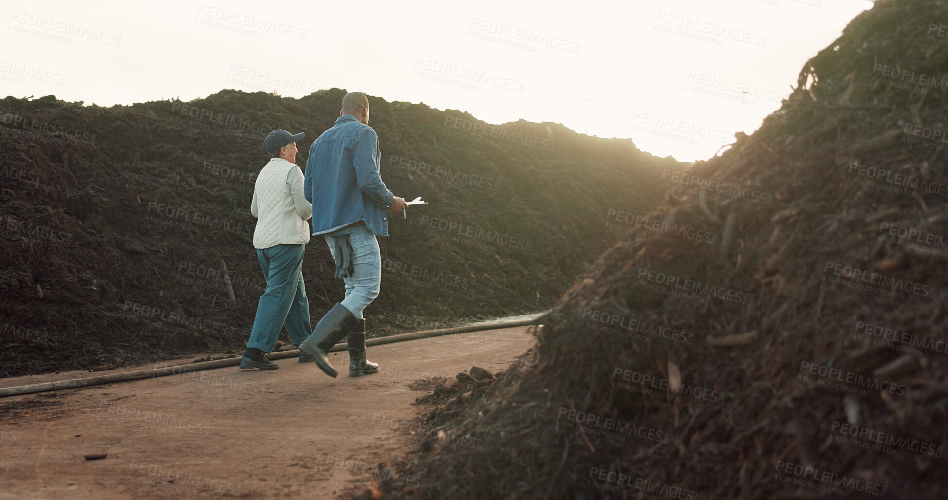 Buy stock photo Woman, farmer and compost or business talking for agriculture company, plant growth or paperwork. Man, inspector and document for sustainable environment or land development, gardening or checklist