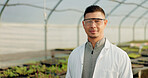 Greenhouse, farmer and portrait of man with eco friendly, sustainability and green agriculture for wellness. Scientist, face or pride of entrepreneur of small business, healthy food or agro vision 