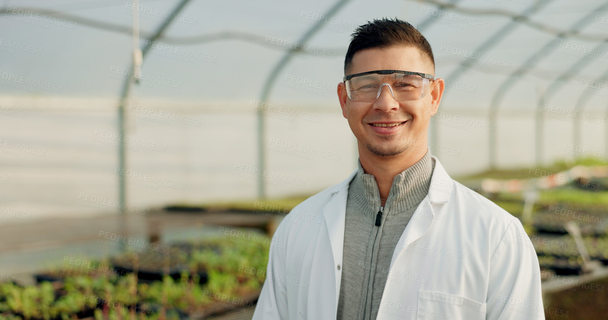 Buy stock photo Portrait, botanist and happy man at greenhouse for science farm organic vegetables, plant or growth for ecology. Face, smile and scientist at nursery for agriculture in goggles for research in Mexico