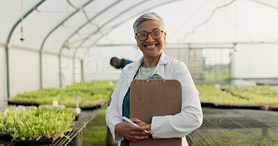 Buy stock photo Scientist, woman and checklist for greenhouse plants, farming and agriculture inspection in happy portrait. Science expert or senior farmer with clipboard for food security, growth and sustainability