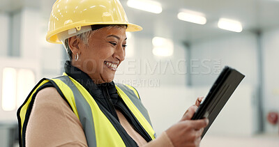 Buy stock photo Architecture, woman and tablet at construction site warehouse for happy inspection and building or design planning. Excited senior manager on digital technology for industrial software or engineering