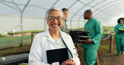 Buy stock photo Portrait, botanist and happy woman at greenhouse with tablet tech for science at farm, plant and ecology. Face, smile and mature scientist at nursery for agriculture in glasses for research in Mexico