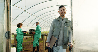 Buy stock photo Portrait, farmer or happy man at greenhouse at garden with checklist for organic vegetables, plant or growth. Clipboard, smile or person at nursery for agriculture, worker or business owner in Mexico