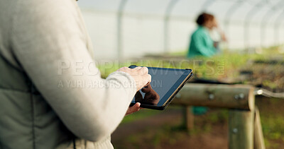 Buy stock photo Person, farmer and tablet in greenhouse, farming and worker for agriculture, supply chain and call. Farm owner, supplier and organic products for eco friendly, sustainable business or communication
