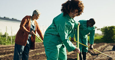 Buy stock photo Woman, farm and environment with working and agriculture work with a smile of farmer. Sustainability, plants and garden soil with agro career and plowing planning with produce and growth inspection