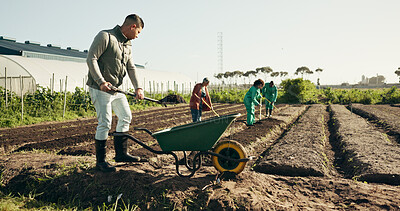 Buy stock photo Man, farming and wheelbarrow on land, healthy food and sustainability in eco friendly agriculture. Diversity, work and africa compost in ngo farm startup in ecology, health soil and field to plant