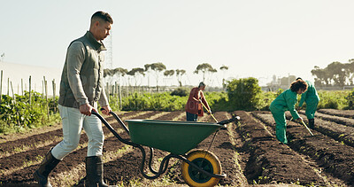 Buy stock photo Man, wheelbarrow and soil for working on farm for agribusiness, landscaping or gardening in countryside. Person, walk and field for nutrition, eco development or future growth by planting for harvest