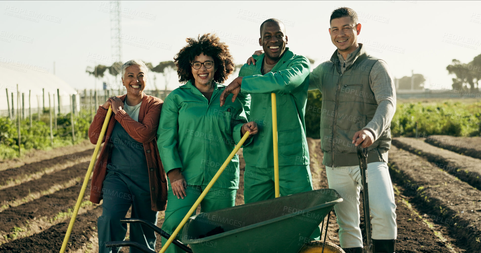 Buy stock photo Portrait, people or team for agriculture on farm with tools, wheelbarrow or equipment for planting. Diverse group, man and woman with strategy, planning or collaboration for growth in sustainability