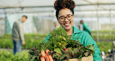 Buy stock photo Farmer, woman and vegetables basket in greenhouse, agriculture and sustainability with farming portrait. Young african worker with groceries box, green product harvest and gardening for healthy food