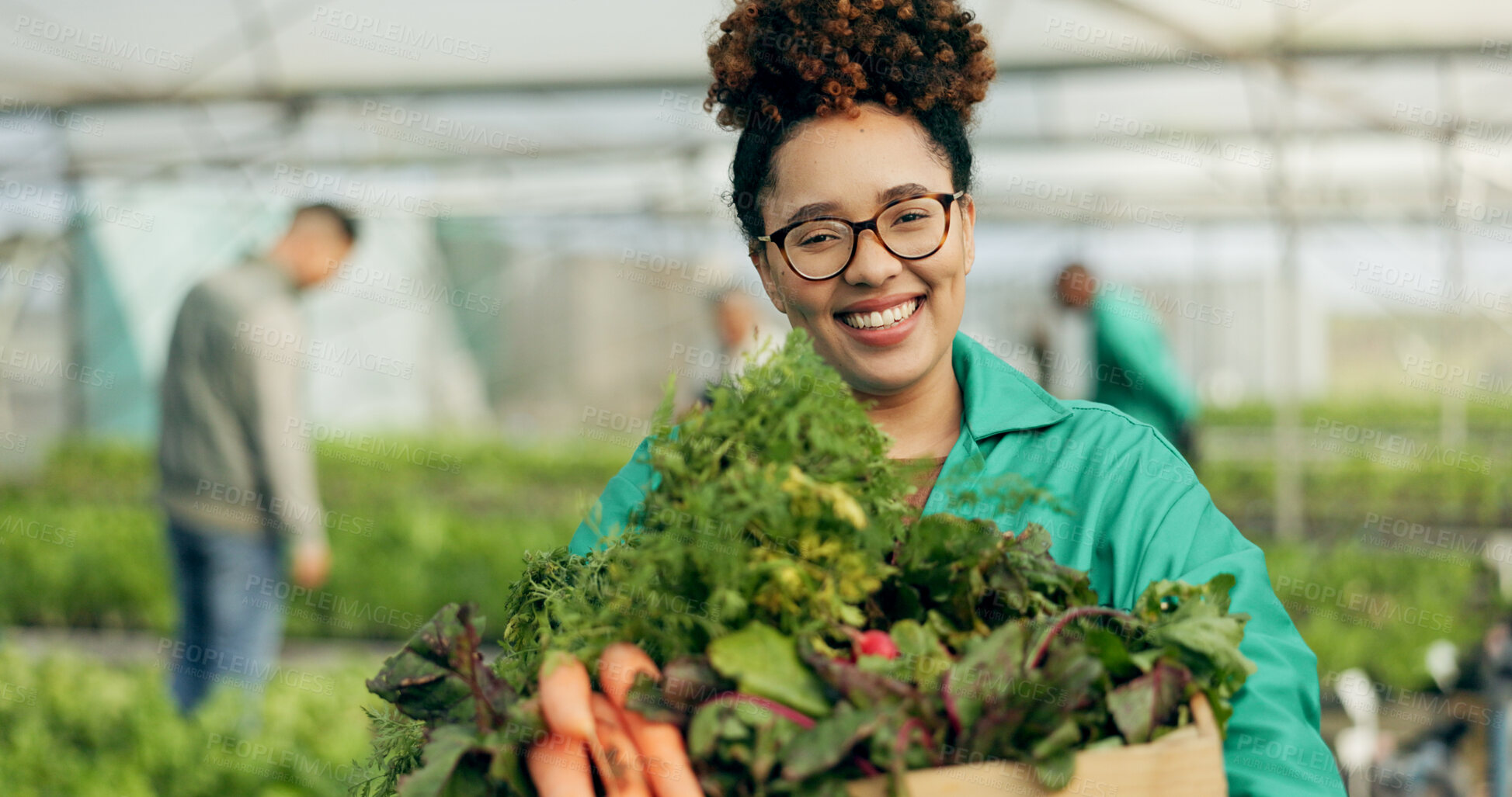 Buy stock photo Farmer, woman and vegetables basket in greenhouse, agriculture and sustainability with farming portrait. Young african worker with groceries box, green product harvest and gardening for healthy food