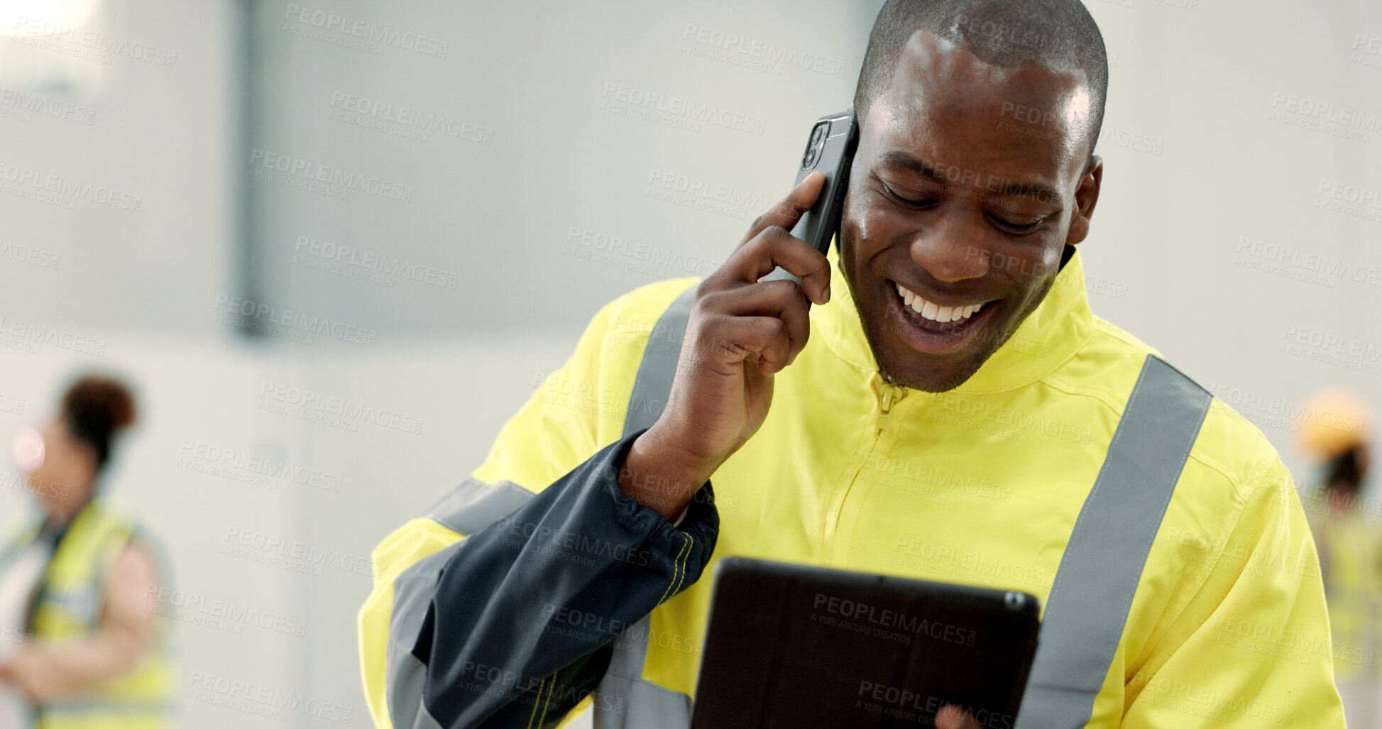 Buy stock photo Happy black man, engineer and phone call with tablet laughing for funny joke, meme or discussion at warehouse. African male person, architect or contractor smile on mobile smartphone for conversation