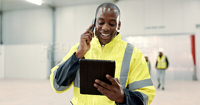 Buy stock photo Happy black man, engineer and phone call with tablet for communication, networking or discussion at warehouse. African male person, architect or contractor smile on mobile smartphone for conversation