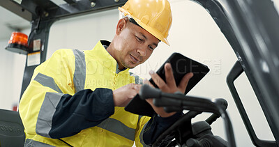 Buy stock photo Construction, tablet and man in forklift machine for maintenance, planning and renovation in building. Engineering, architecture and contractor on digital tech for online design, project and report